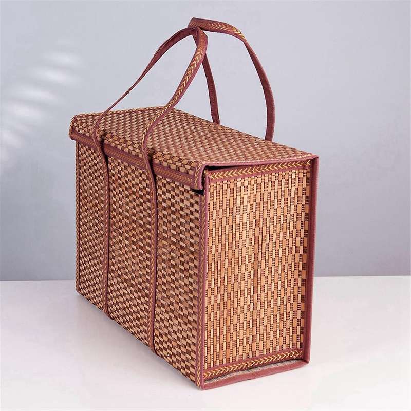 Picnic Woven Basket Storage Bag Handle Folded Fruit Shopping Food Handle Foldable Bamboo Basket
