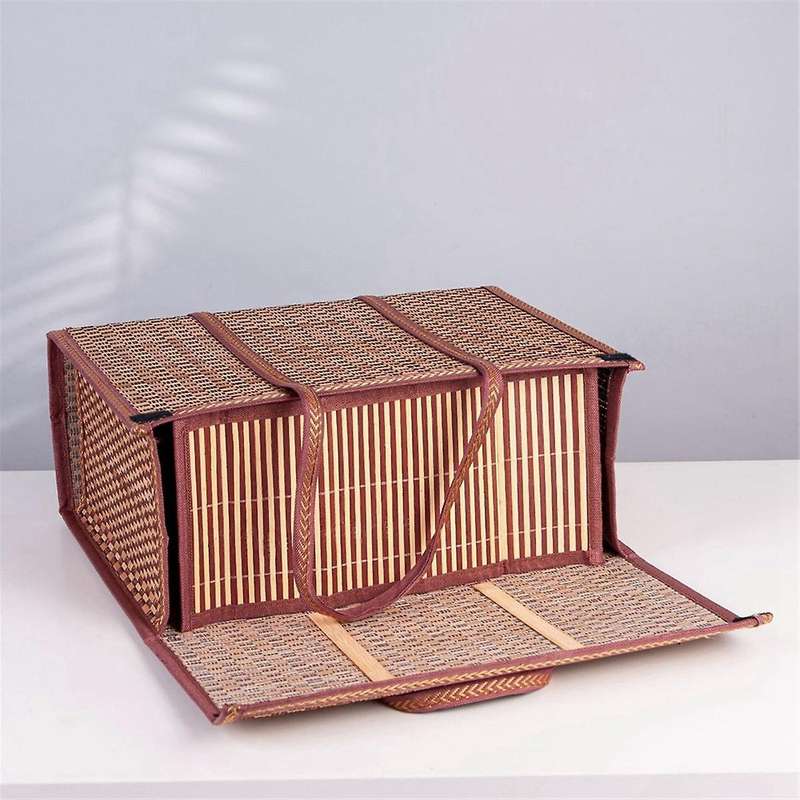 Picnic Woven Basket Storage Bag Handle Folded Fruit Shopping Food Handle Foldable Bamboo Basket