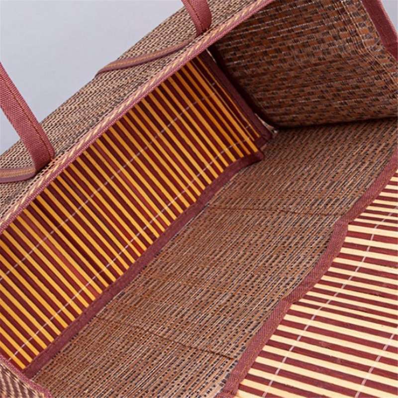 Picnic Woven Basket Storage Bag Handle Folded Fruit Shopping Food Handle Foldable Bamboo Basket