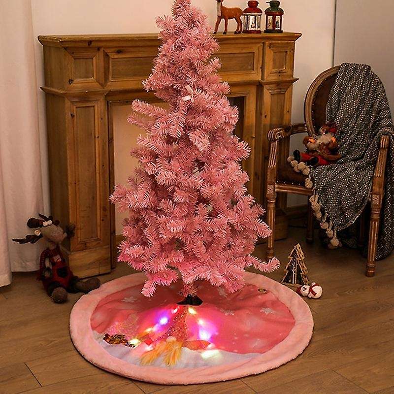 Pink Christmas Tree Skirt with LED Light Faceless Doll Carpet Christmas Tree Decor Floor Mat Christm