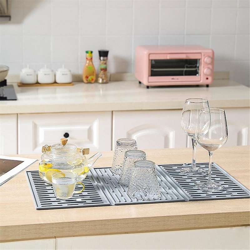Pink Foldable Tri-Fold Tableware Drying Mat Silicone Draining Mat for Kitchen Counters