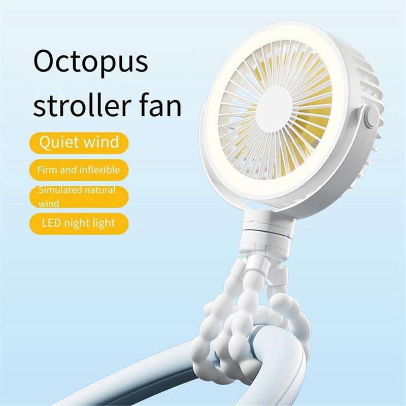 Pink Portable Rechargeable Baby Stroller Fan Clip-on Octopus Night Light Mini Personal Handheld Port