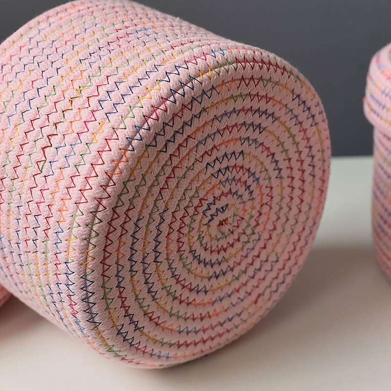 Pink Storage Basket with Lid, Cotton Rope Storage Baskets, Decorative Baskets for Shelves and Coffee