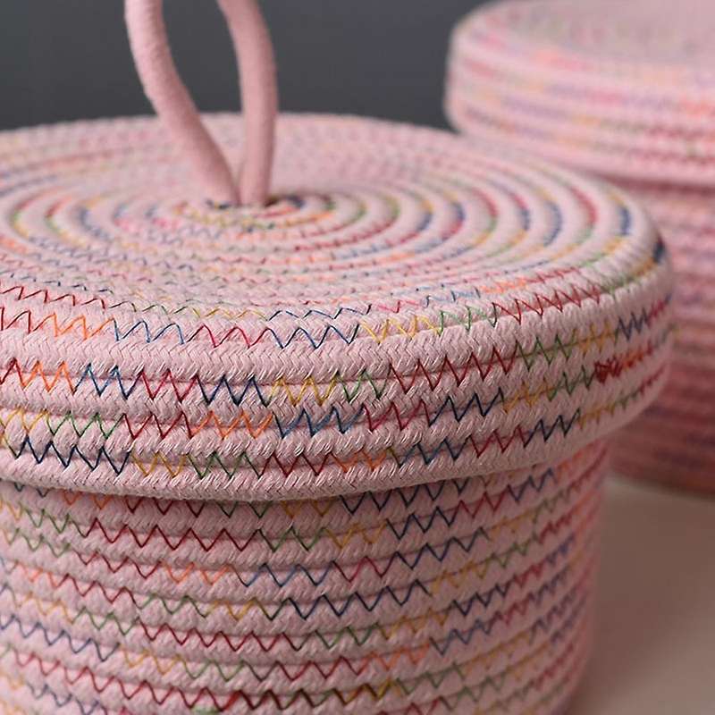 Pink Storage Basket with Lid, Cotton Rope Storage Baskets, Decorative Baskets for Shelves and Coffee