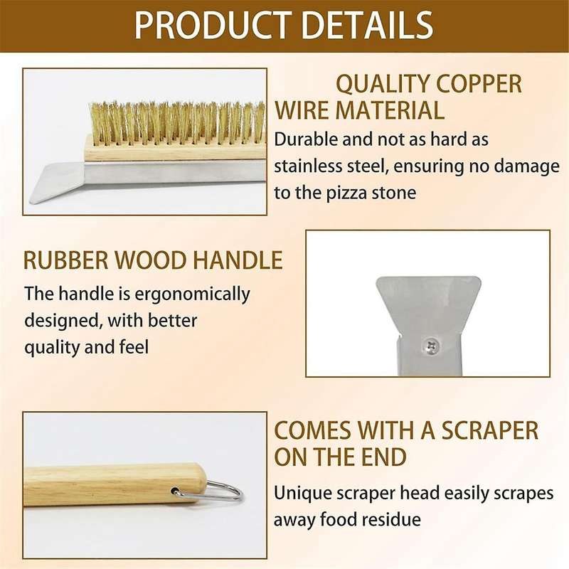 Pizza Oven Brush with Wooden Handle, Long Handle Pizza Brush and Removable Baking Hand Clip Set