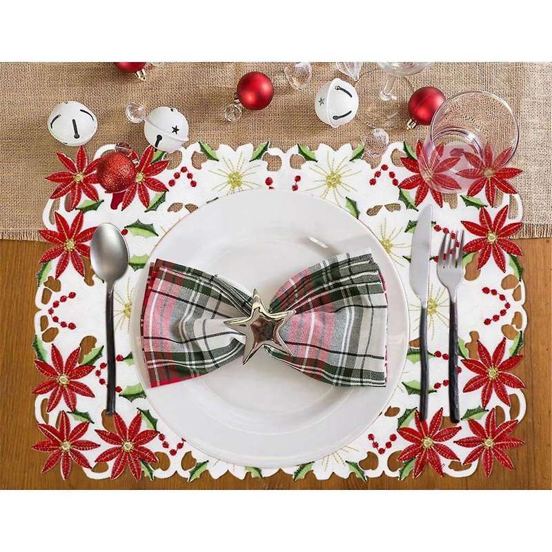 Placemats Set Of 6 Embroidered Christmas Poinsettia & Holly Design, 11x17 Inch Christmas Table Deco