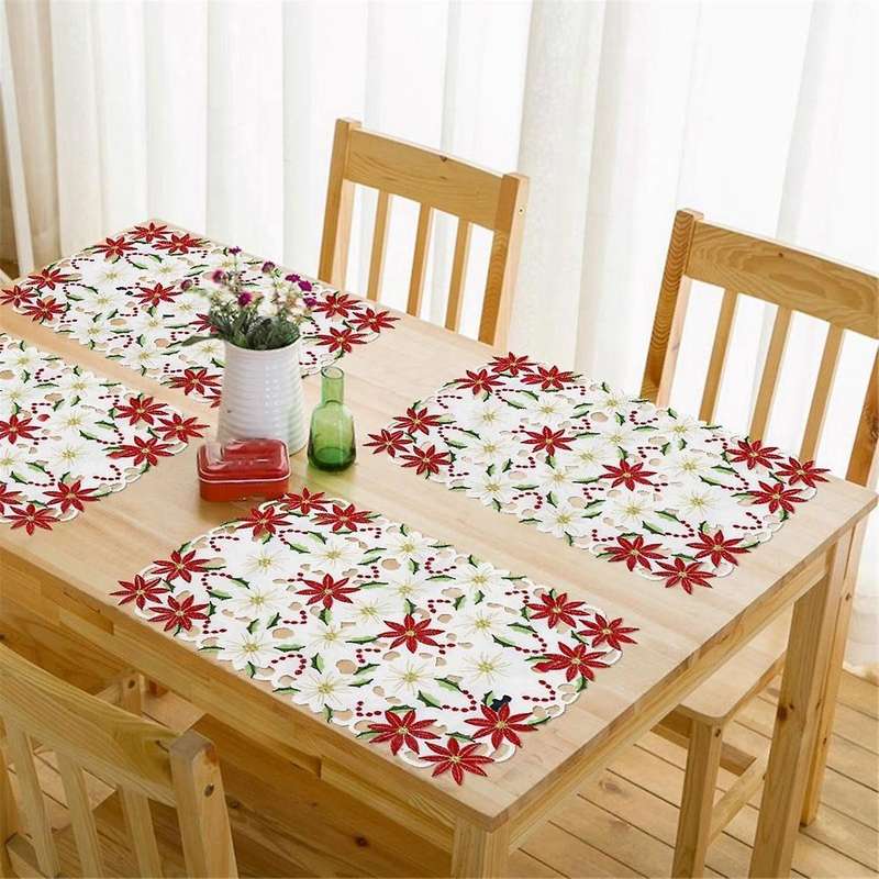 Placemats Set Of 6 Embroidered Christmas Poinsettia & Holly Design, 11x17 Inch Christmas Table Deco