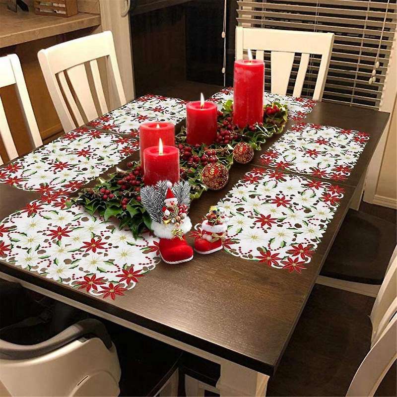 Placemats Set Of 6 Embroidered Christmas Poinsettia & Holly Design, 11x17 Inch Christmas Table Deco