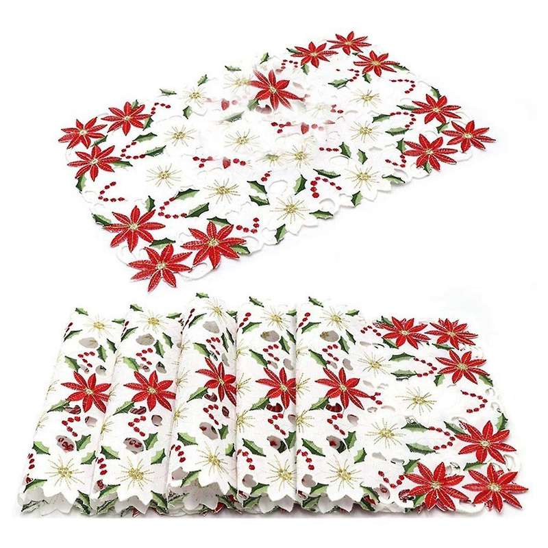 Placemats Set Of 6 Embroidered Christmas Poinsettia & Holly Design, 11x17 Inch Christmas Table Deco