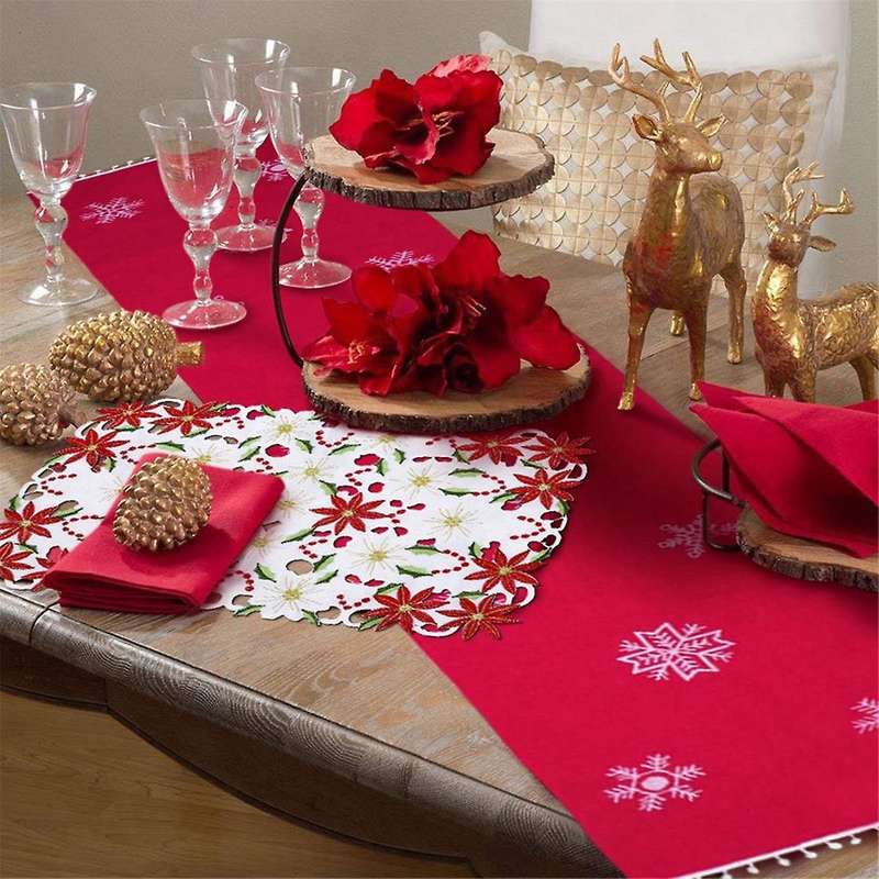 Placemats Set Of 6 Embroidered Christmas Poinsettia & Holly Design, 11x17 Inch Christmas Table Deco
