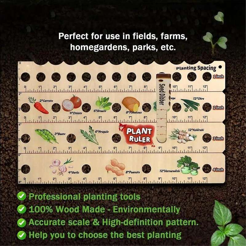 Plant Ruler with Seed Dibber and Planting Guide, Square Foot Gardening Tools, Garden Ruler with Hole