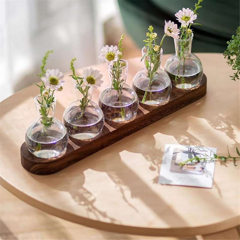 Plant Terrarium Propagation Station, Glass Planter Bulb Vase with Wooden Tray, Modern Bud Vases for