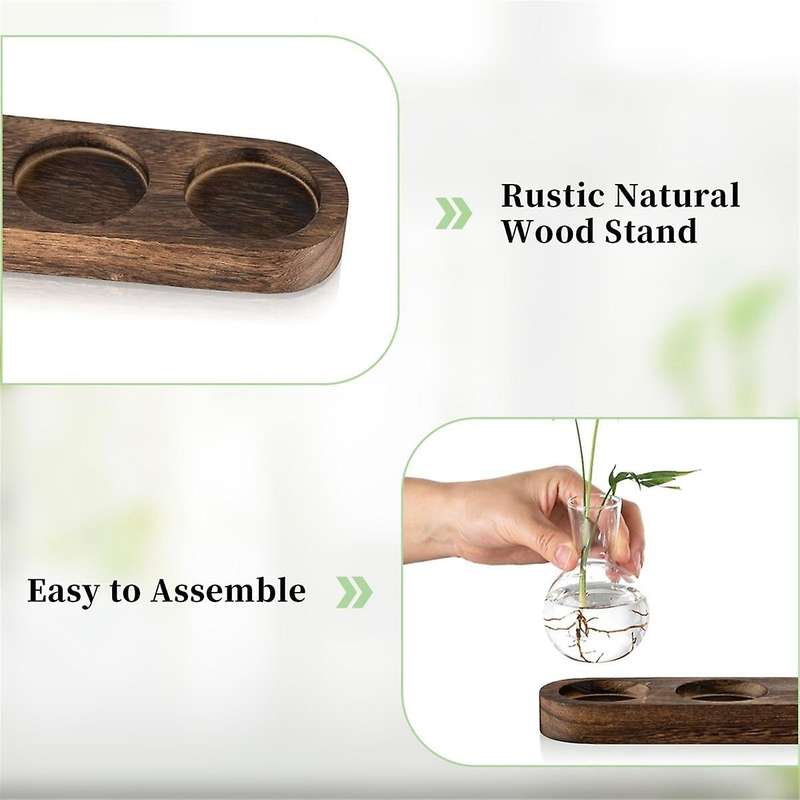 Plant Terrarium Propagation Station, Glass Planter Bulb Vase with Wooden Tray, Modern Bud Vases for
