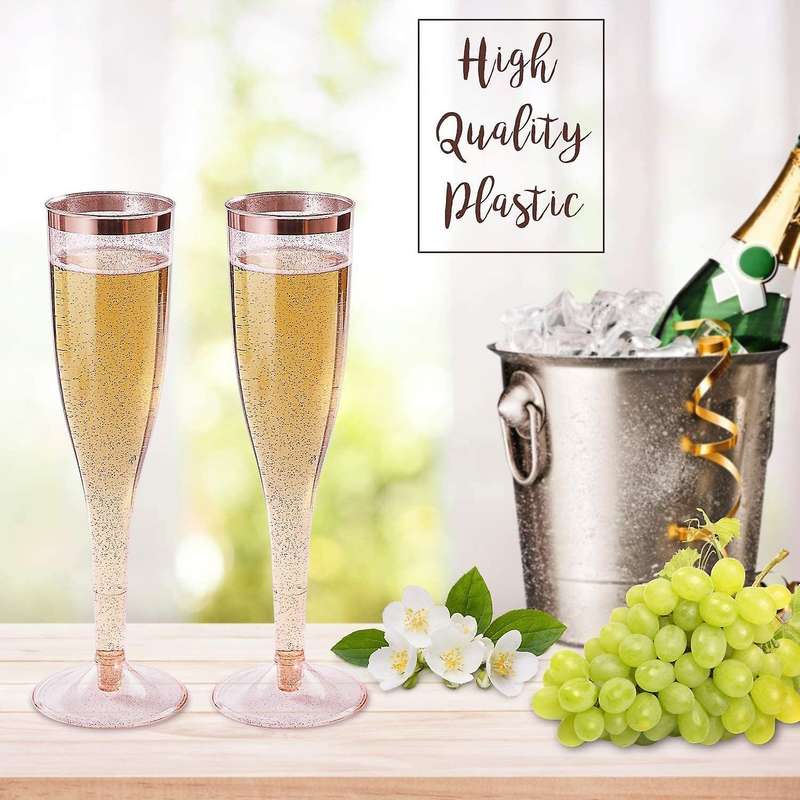 Plastic Champagne 6.5 Oz Champagne Glasses,Disposable Reusable Rose Gold Glittered Wedding Party Toa