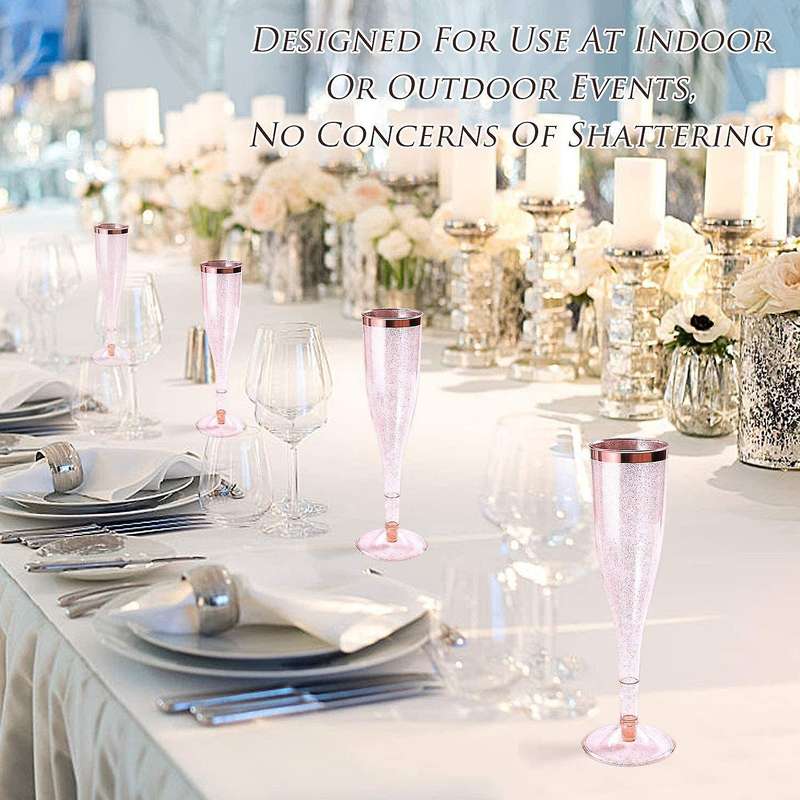 Plastic Champagne 6.5 Oz Champagne Glasses,Disposable Reusable Rose Gold Glittered Wedding Party Toa