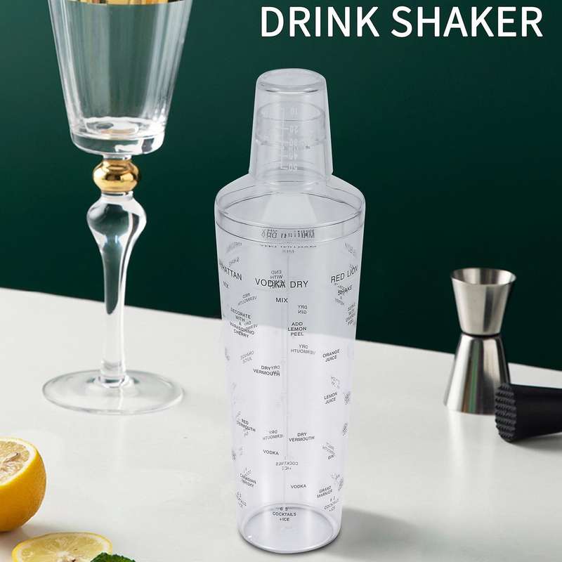 Plastic Drink Shaker with Recipes, Cup As Measuring Jigger, Great for Outdoor and Travel Bar Cart A