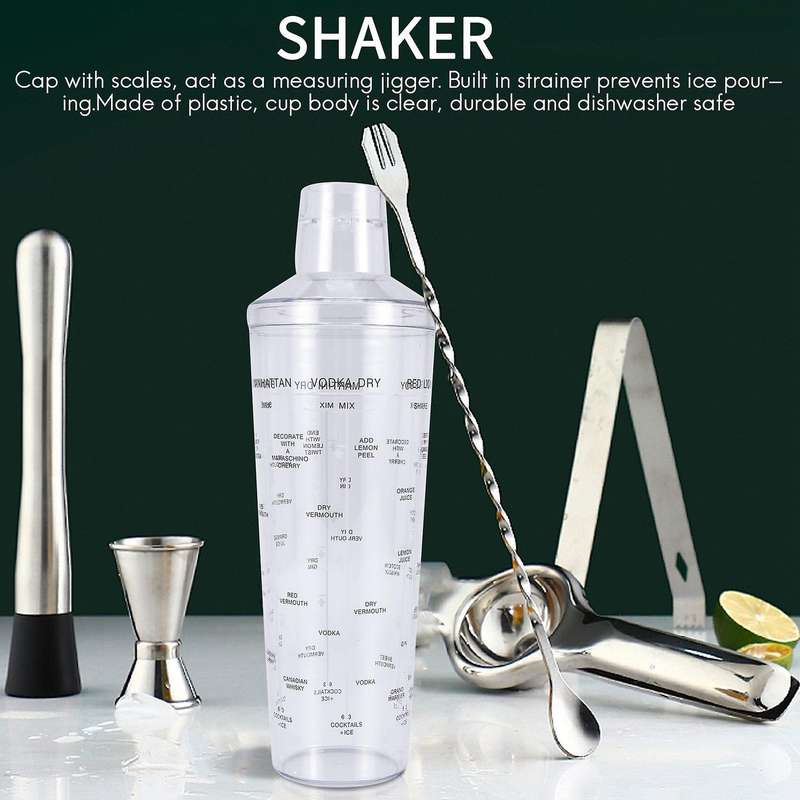 Plastic Drink Shaker with Recipes, Cup As Measuring Jigger, Great for Outdoor and Travel Bar Cart A