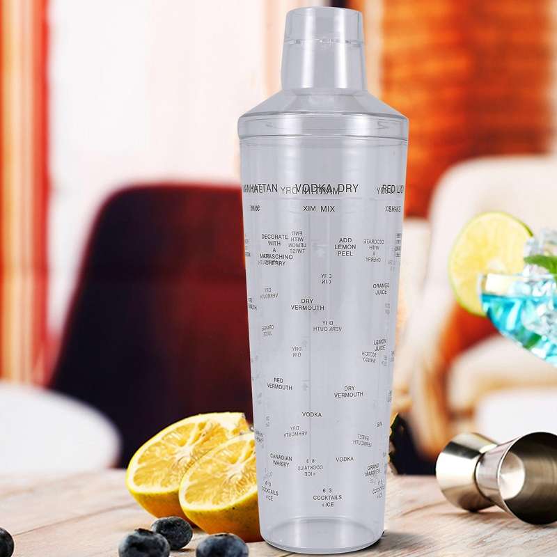 Plastic Drink Shaker with Recipes, Cup As Measuring Jigger, Great for Outdoor and Travel Bar Cart A
