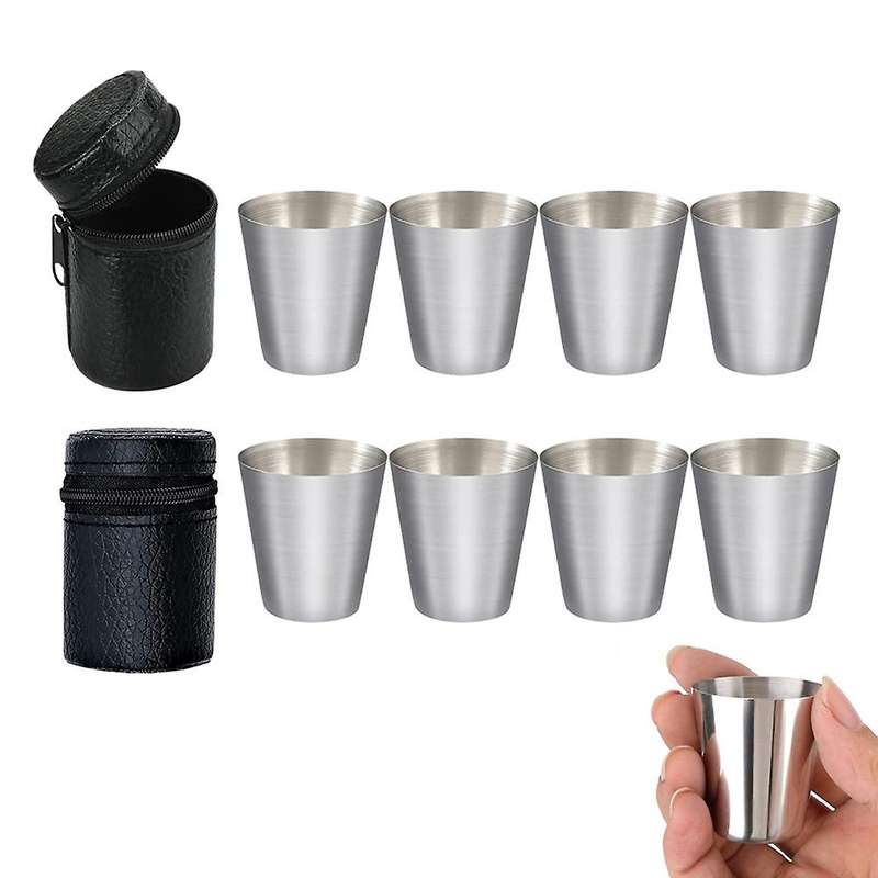 Polished 30ml Mini Stainless Steel Shot Glass Cup Drinking Wine Glasses with Leather Cover Bag For