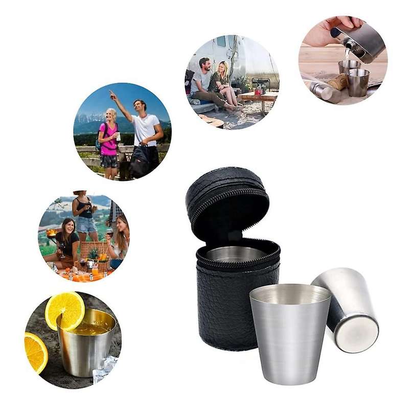 Polished 30ml Mini Stainless Steel Shot Glass Cup Drinking Wine Glasses with Leather Cover Bag For