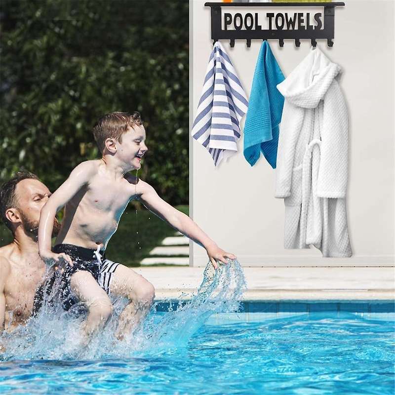 Pool Towel Racks with Shelf Outdoor Pool Decor Wall Mount Towel Hooks Towel Holder with 8 Hooks Towe