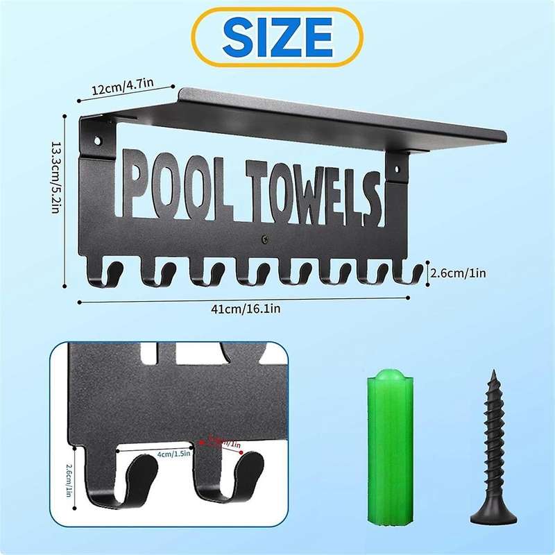 Pool Towel Racks with Shelf Outdoor Pool Decor Wall Mount Towel Hooks Towel Holder with 8 Hooks Towe