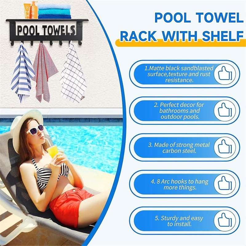 Pool Towel Racks with Shelf Outdoor Pool Decor Wall Mount Towel Hooks Towel Holder with 8 Hooks Towe