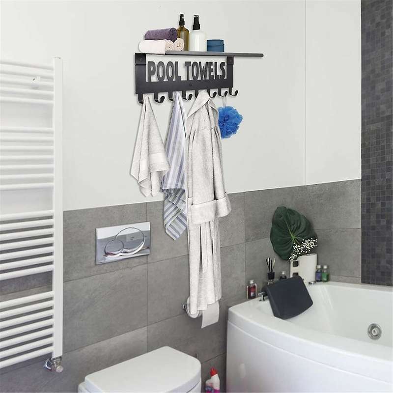 Pool Towel Racks with Shelf Outdoor Pool Decor Wall Mount Towel Hooks Towel Holder with 8 Hooks Towe