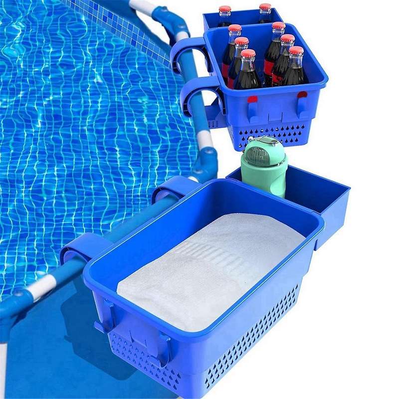 Poolside Storage Basket with Pool Cup Holder, Above Ground Pool Organizer Accessories, Swimming Poo