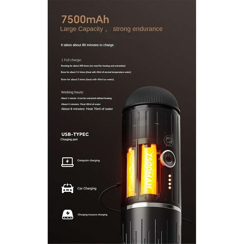 Portable Coffee Maker Wireless Heating Rechargeable 2 in 1 Small Travel Espresso Machine for Camping