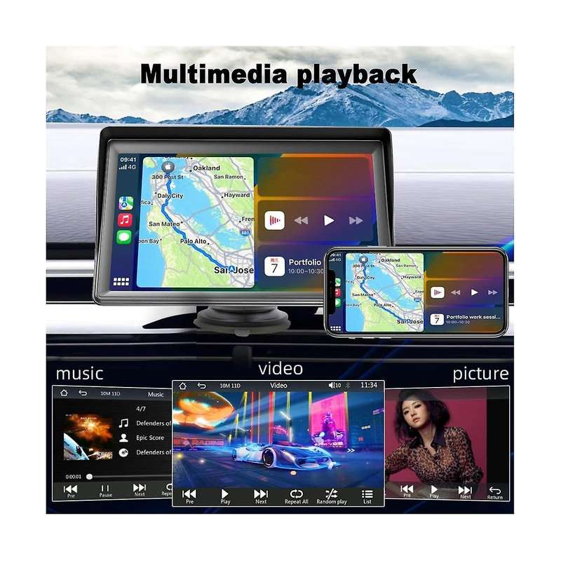 Portable Dash Mount Carplay Display 7in Touch Screen, Gps Navigatin,bluetooth Car Stereo Radio, Bac