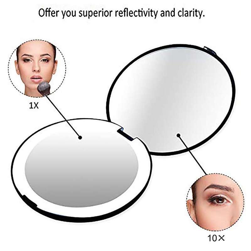 Portable Folding Mirror with Led Light , 10x Magnifying Glass, 12 Lamp Bead Mini Mirror Black