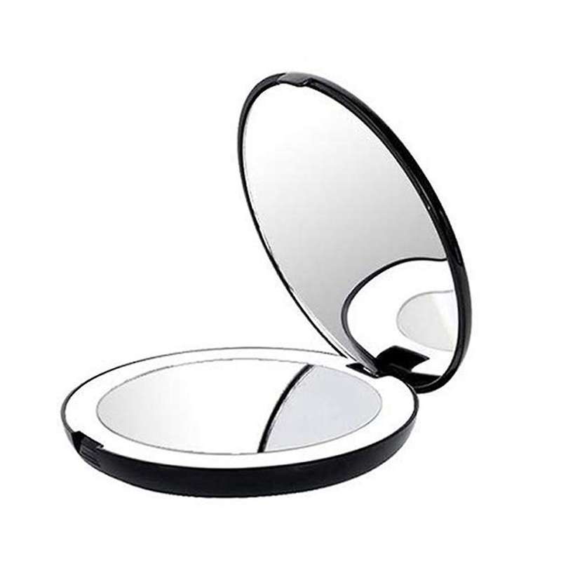 Portable Folding Mirror with Led Light , 10x Magnifying Glass, 12 Lamp Bead Mini Mirror Black