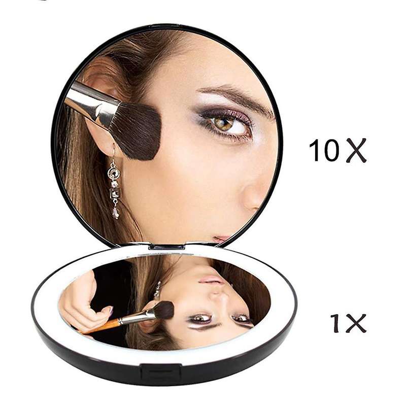Portable Folding Mirror with Led Light , 10x Magnifying Glass, 12 Lamp Bead Mini Mirror Black