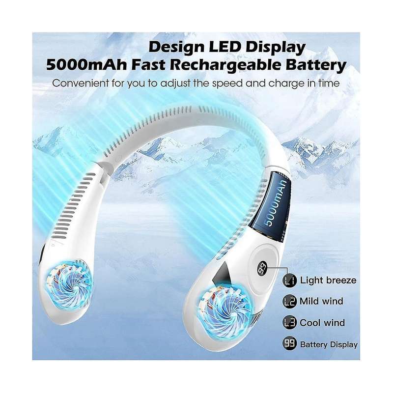 Portable Neck Fan Foldable Led Display 360cooling Fan 5000mah Rechargeable with 3 Speed Personal F