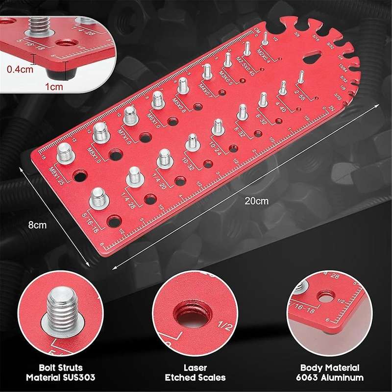 Portable Nut and Bolt Fine Thread Nut and Bolt Size Gauge, Versatile Thread Chaser Set ,Red