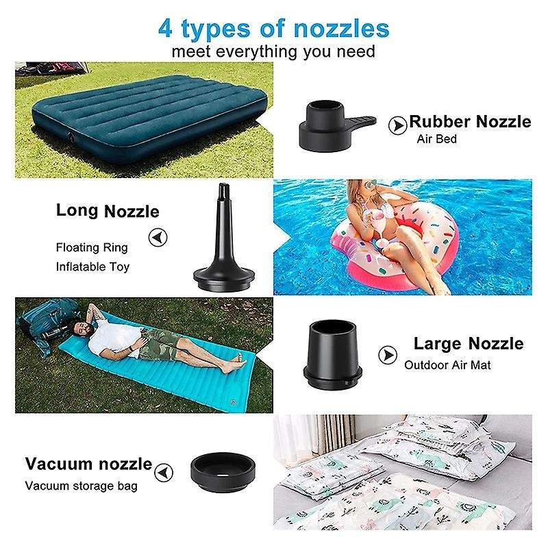 Portable Quick-Fill Rechargeable Air Pump, with 4 Nozzles for Air Mattress/ Swimming Rings/ Pool Flo