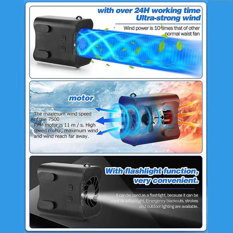 Portable Waist Clip Fan/necklace Fan 12000mah Over 24h Long Working Time,strong ,cooling Fan Hand F
