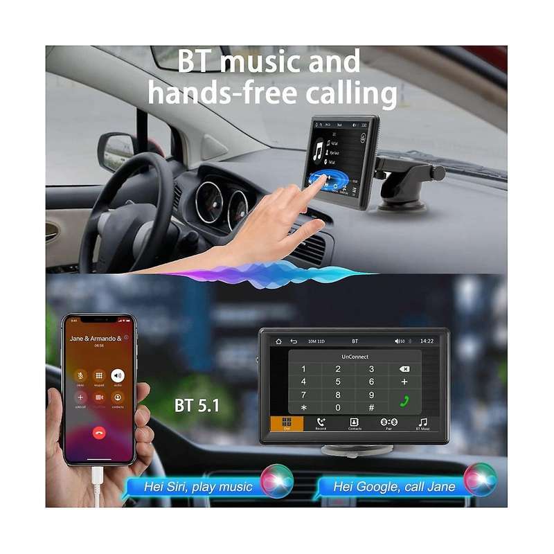 Portable Wireless Carplay Screen Dash Mount, 7 Inch Touch Screen Car Stereo Bluetooth, FM Car Radio,