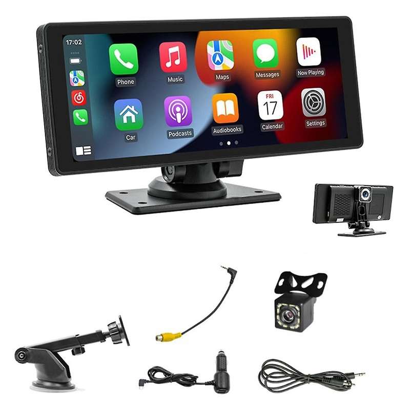 Portable Wireless Carplay Car Stereo with Dash Cam - 10.26In HD IPS Screen, Android Auto, 1080P Back