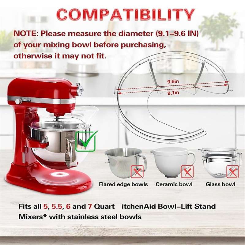 Pouring Shield for 5.5 Quart, 6, 7, 8 Qt Stainless Steel Bowl-Lift Stand Mixer Accessories Splash Gu