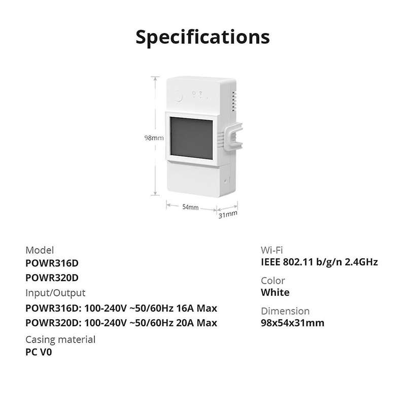 POW Elite 16A Wifi Meter Switch Voltage, Current, Power Consumption LCD Display Wireless Remote Cont