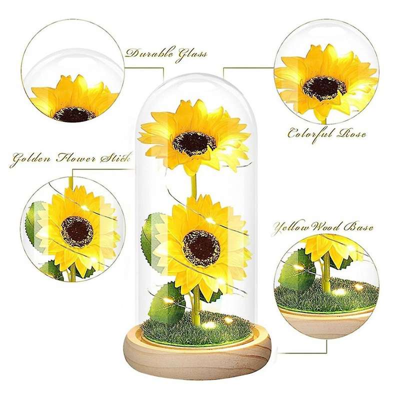 Preserved Flower Glass Cover Glowing Gold Foil Sunflower Valentine's Day Gift