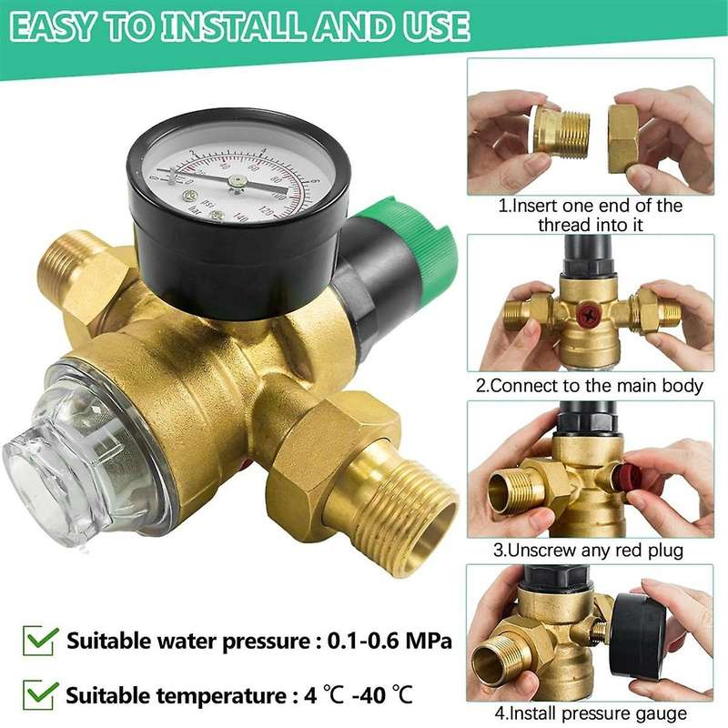 Pressure Regulator Water 3/4 Inch, Water Pressure Regulator with Water Pressure Gauge and Mesh Filte