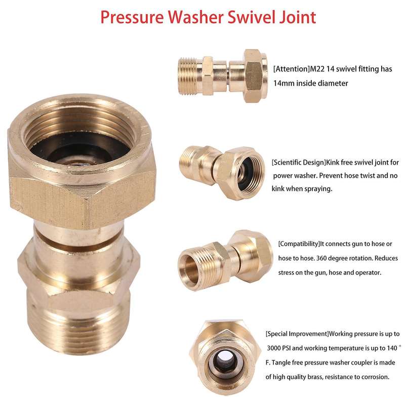 Pressure Washer Swivel Joint, Free to Hose Fitting, Anti Twist Metric M22 14Mm Connection, 3000 Psi