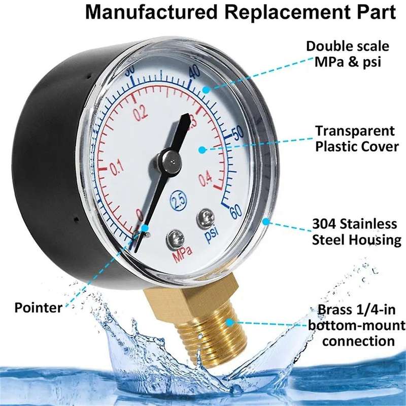 Professional Pool Spa Filter Water Pressure Gauge ECX270861 for Sand and D.E. Pool Filter