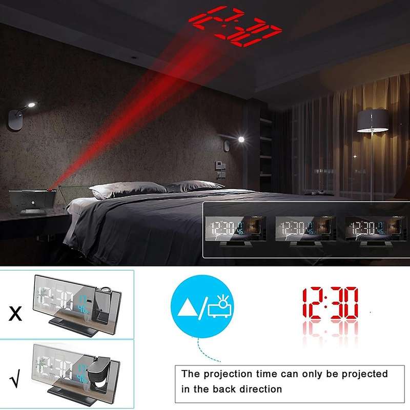 Projection Alarm Clock Snooze Larger LED Mirror Clock Display Temperature Auto Brightness Bedroom Be