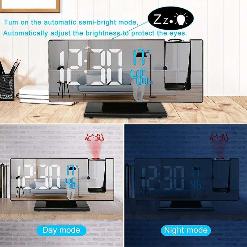 Projection Alarm Clock Snooze Larger LED Mirror Clock Display Temperature Auto Brightness Bedroom Be