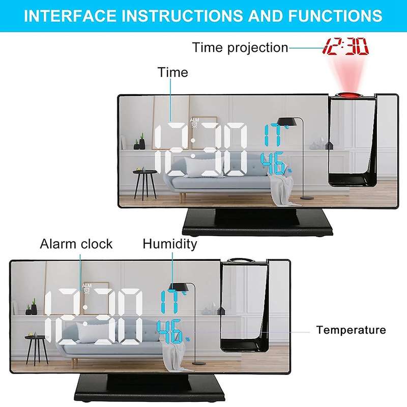 Projection Alarm Clock Snooze Larger LED Mirror Clock Display Temperature Auto Brightness Bedroom Be