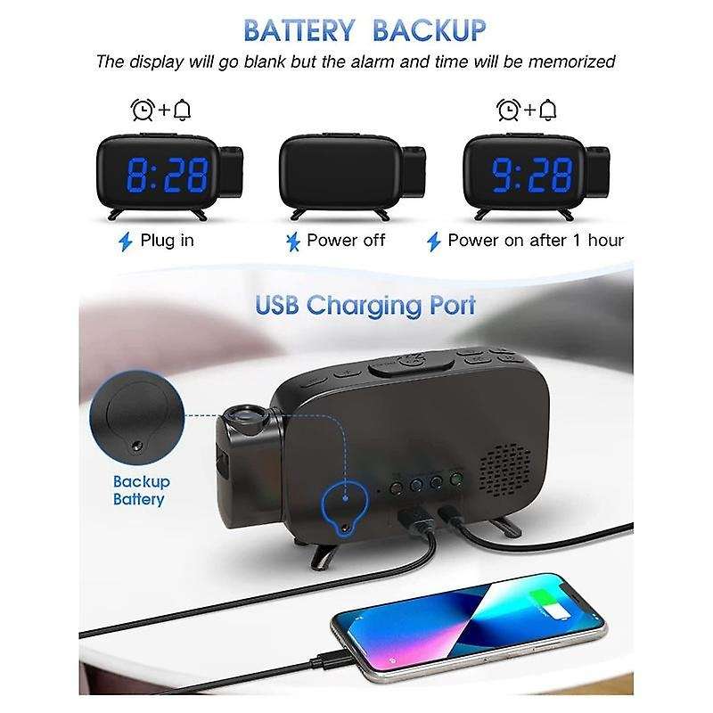 Projection Alarm Clock Radio with 180 Projector, 7 Sounds Dual Alarms, Snooze,dimmable Led Display C